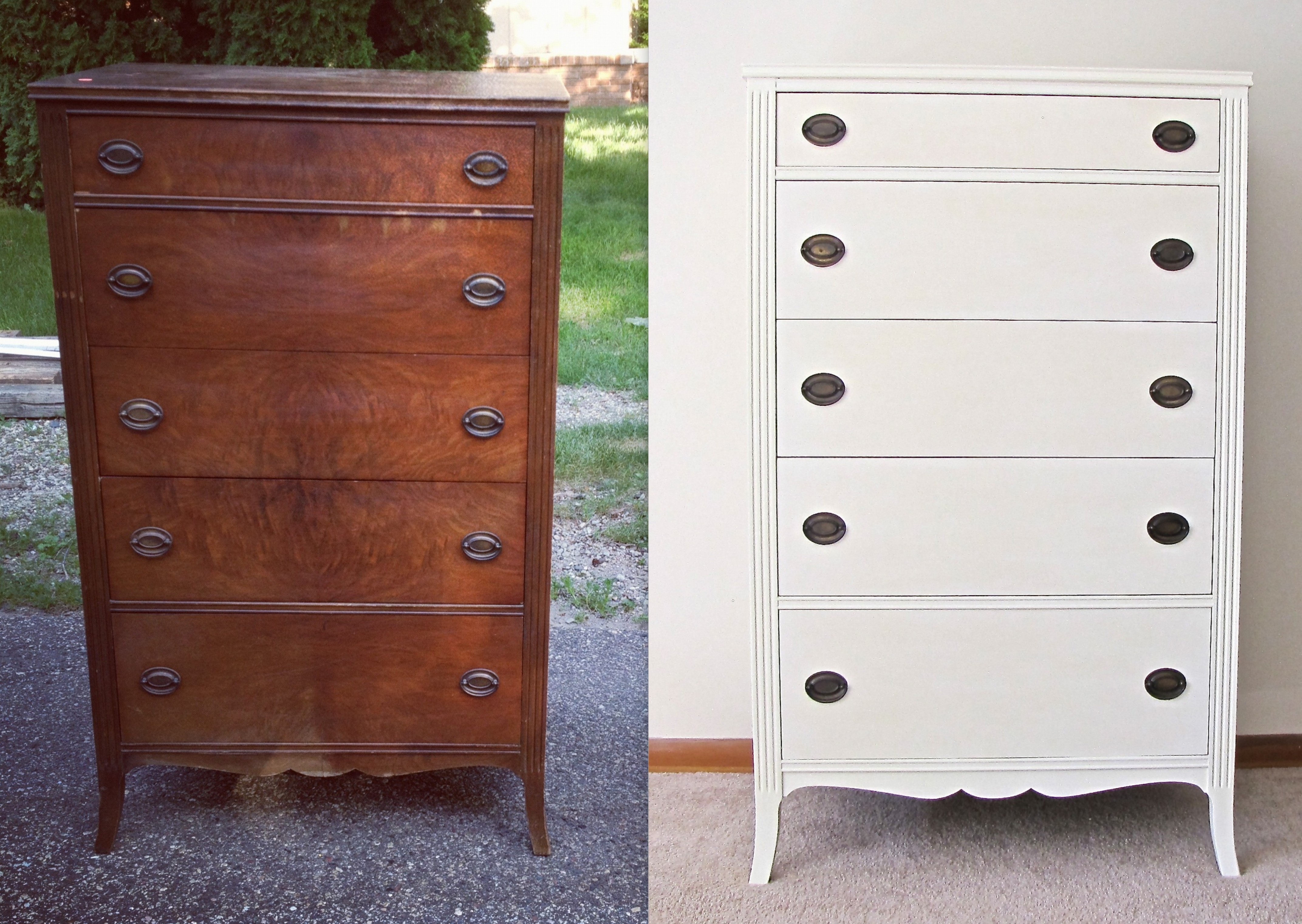 Old White Antique Tallboy Dresser With Original Hepplewhite Pulls